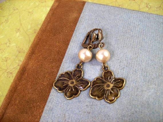Flower and  Pearl Earrings, Champagne Pearl and Magnolia Blossom, Brass Dangle Earrings, FREE Shipping U.S.