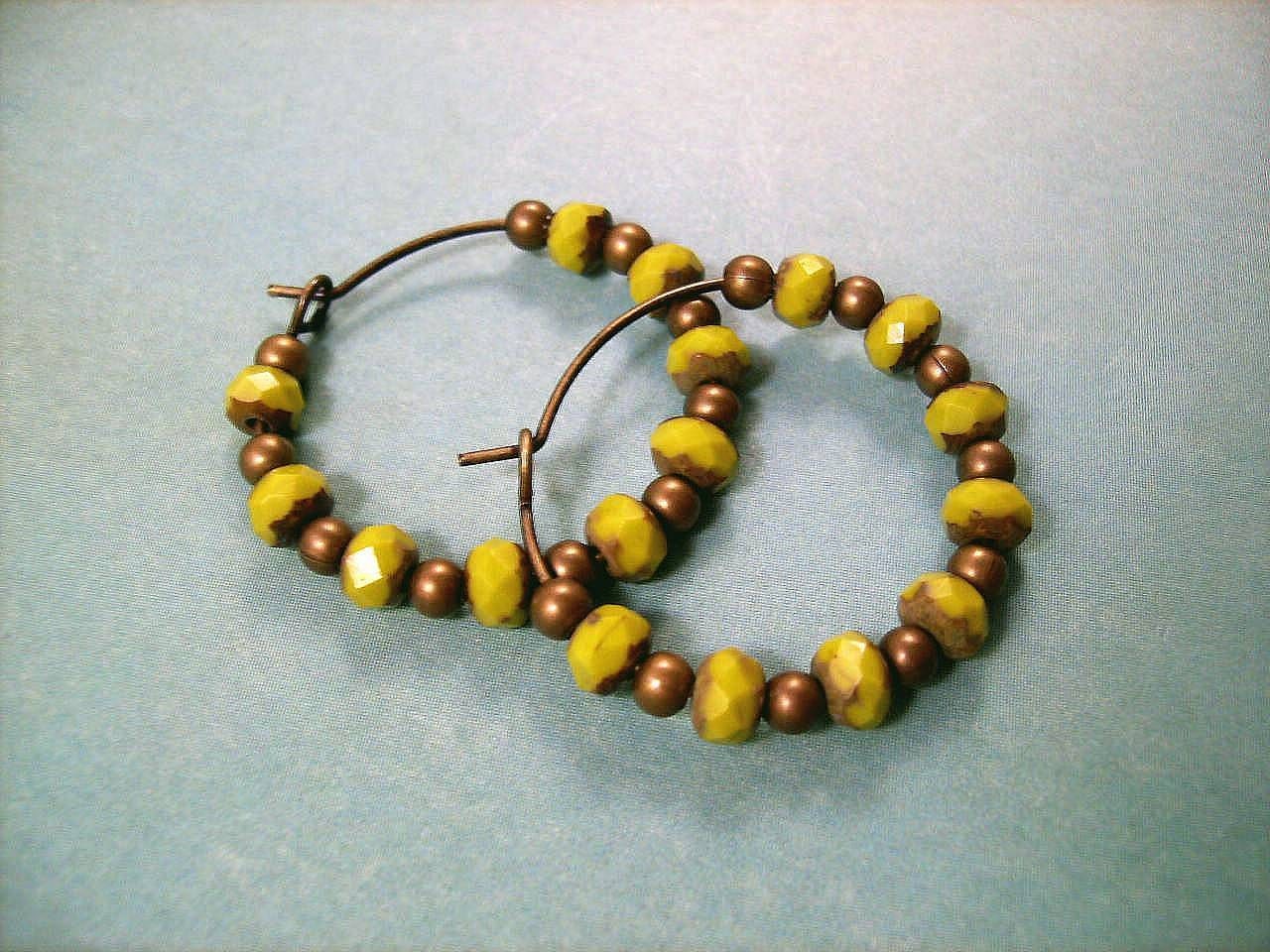Picasso Beaded Hoop Earrings, Wasabi Green and Brass Hoop Earrings, FREE Shipping U.S.