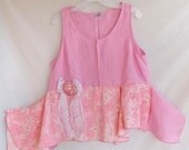 SALE Asymmetric Rose Linen Lagenlook Top L Large Recycled Flower Pink Lace Bow handmade