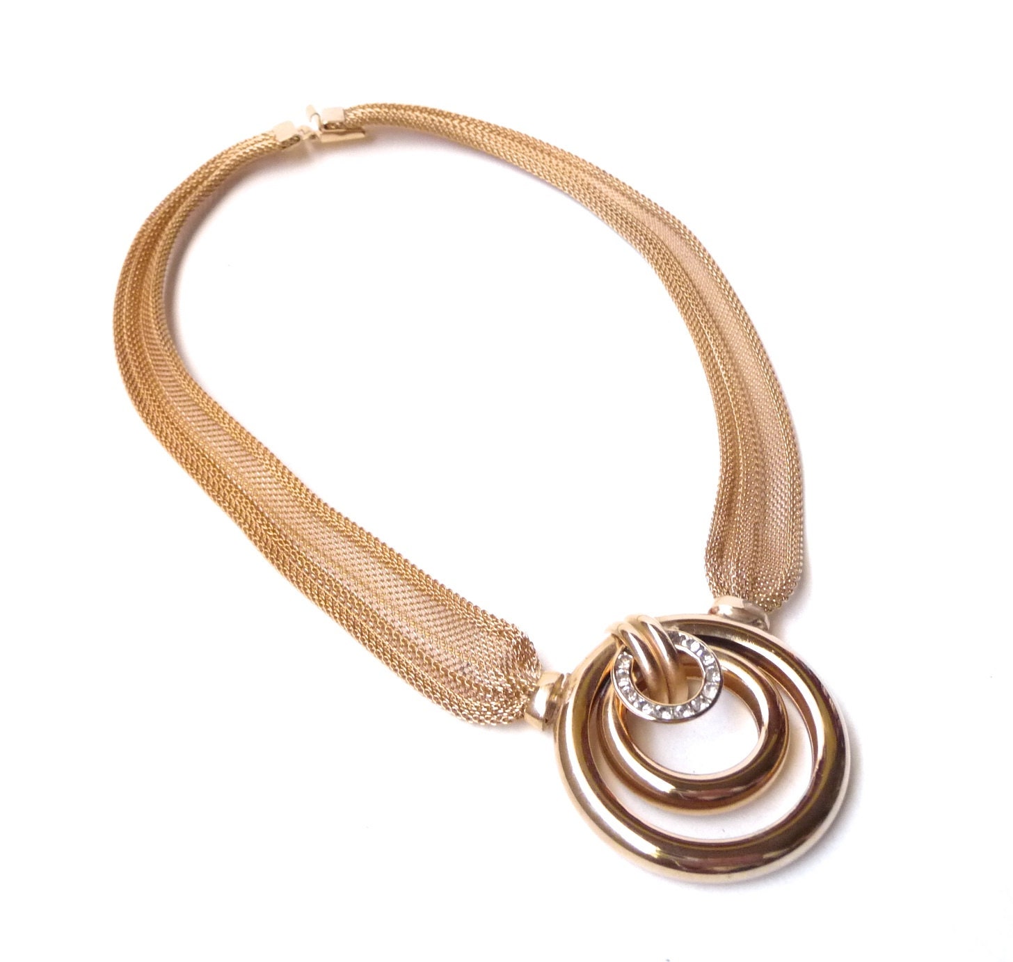 1980s Gold mesh Necklace with Rhinestones