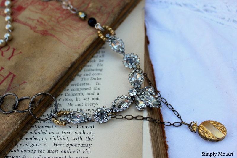 Vintage Rhinestone, Brass Locket, Pyrite, Pearl and Rosary One of a Kind Necklace...Choir