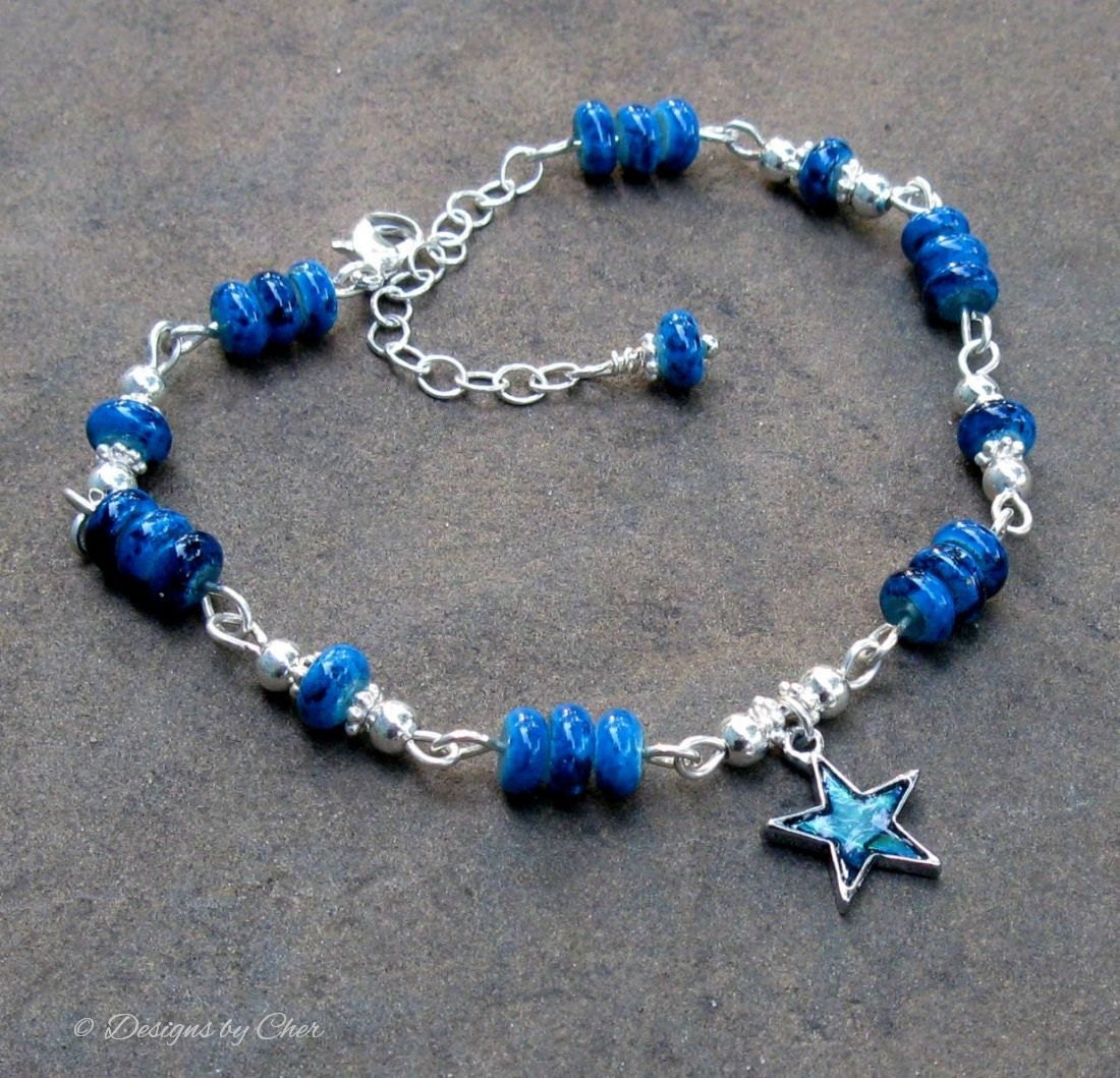 Paua Shell Star Charm & Blue Glass Anklet, Adjustable Sterling Silver... Beach, Resort, Summer Ankle Bracelet