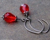 Blood Red Crystal Teardrop Earrings, Oxidized Sterling Silver, Handmade Almond Earwires