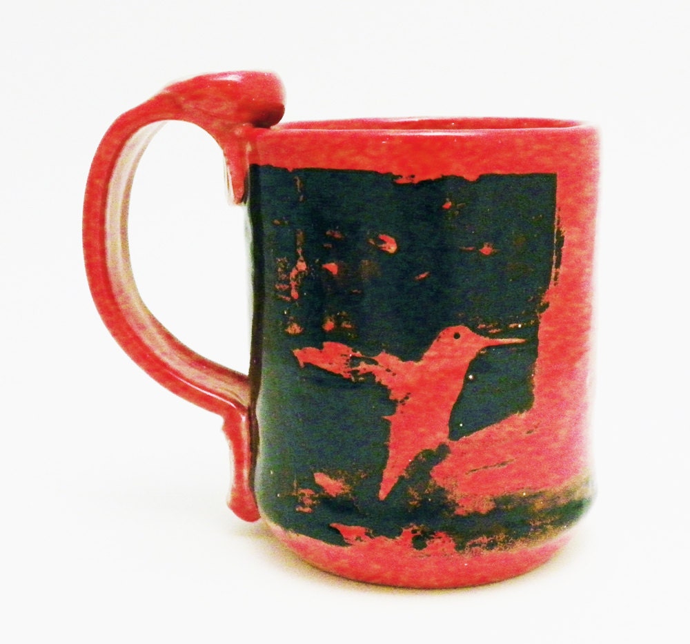 Ceramic Mug Red Hummingbird Handmade 12 Ounces Ready to Ship
