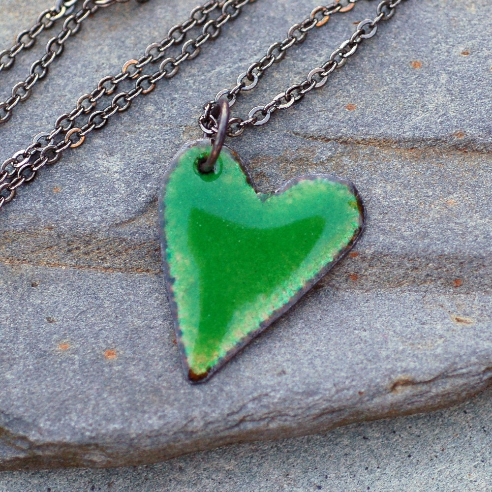 Enamel Heart Pendant Necklace Copper Little Green