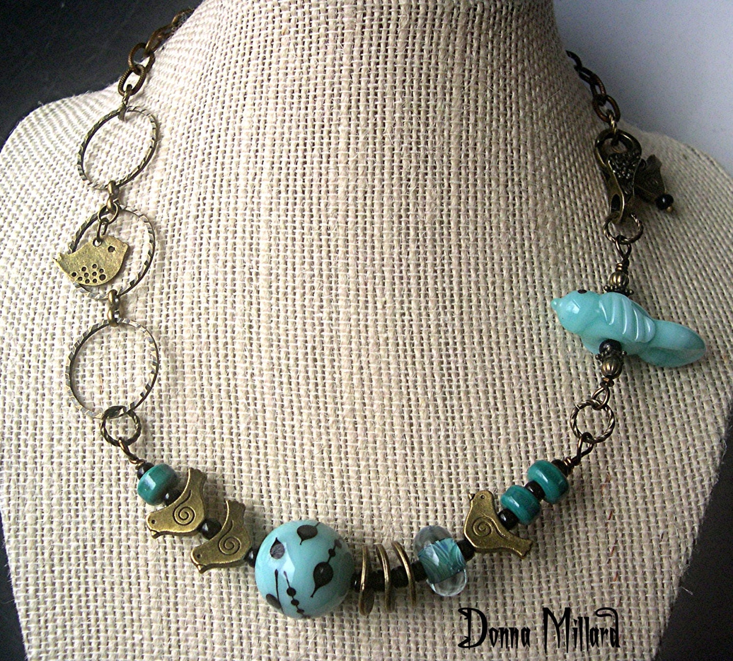 SRA NECKLACE Handmade LAMPWORK Donna Millard lamp work bird robin bluebird spring summer aqua purple violet  orange orchid boho gypsy rose