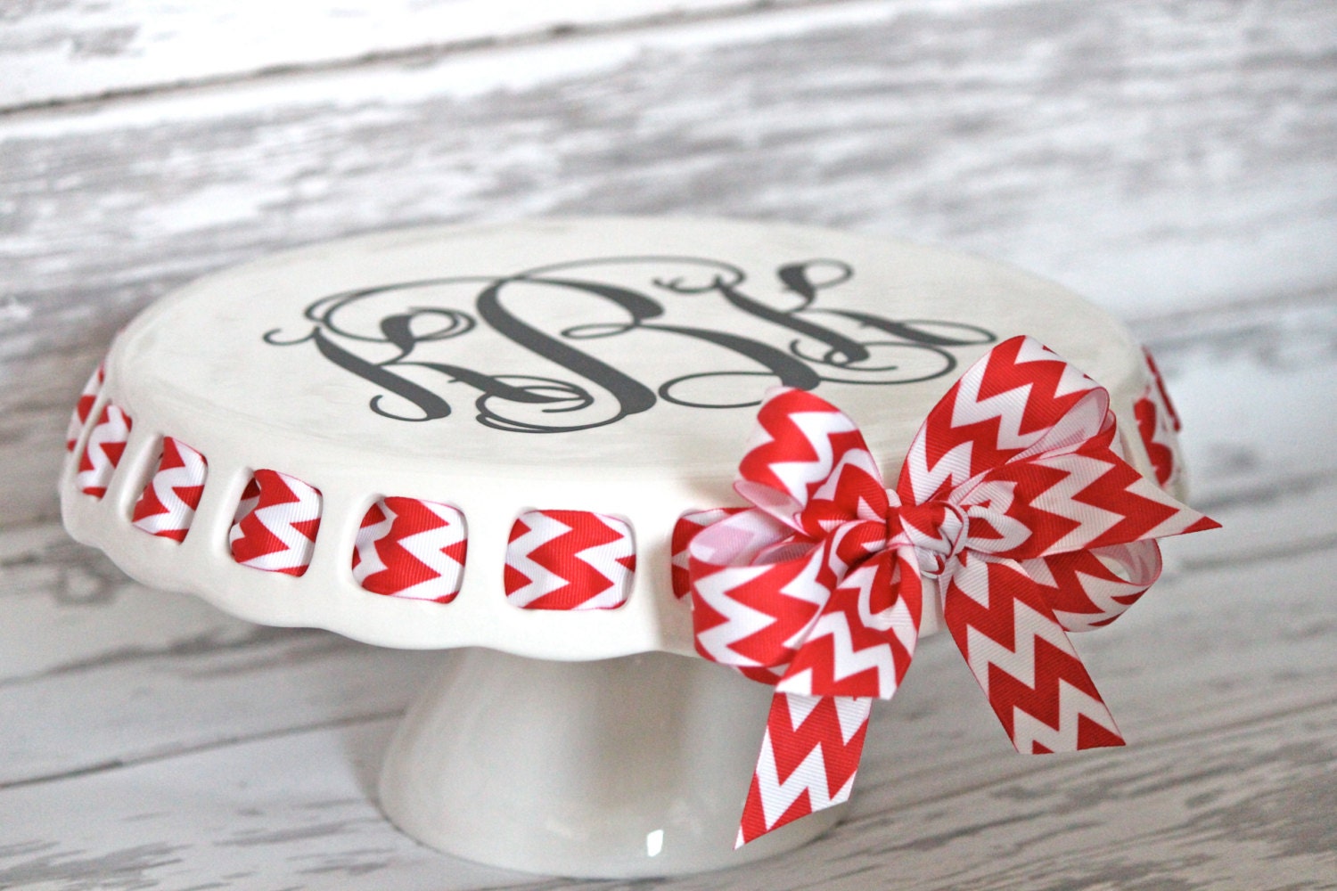 monogrammed ROUND CAKE STAND with decorative ribbon