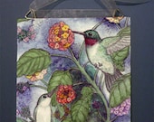 Ruby Throated Hummingbirds - 8 x 10 nature art decorative hanging tile - Mary Layton