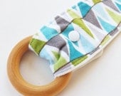 Natural Wooden Baby Teething Toy - Organic Cotton Velour with Snap - Teal & Gray ZigZags