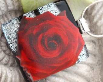 Red Rose Necklace -Dichroic  Necklace- Red  Rose - Fused Glass Pendant Jewelry 022213p103