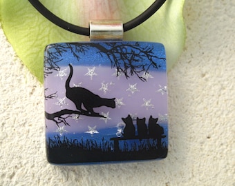Cat Necklace - Pendant - Fused Glass Jewelry - Dichroic Glass Jewelry - Tabby Night School 040613p110