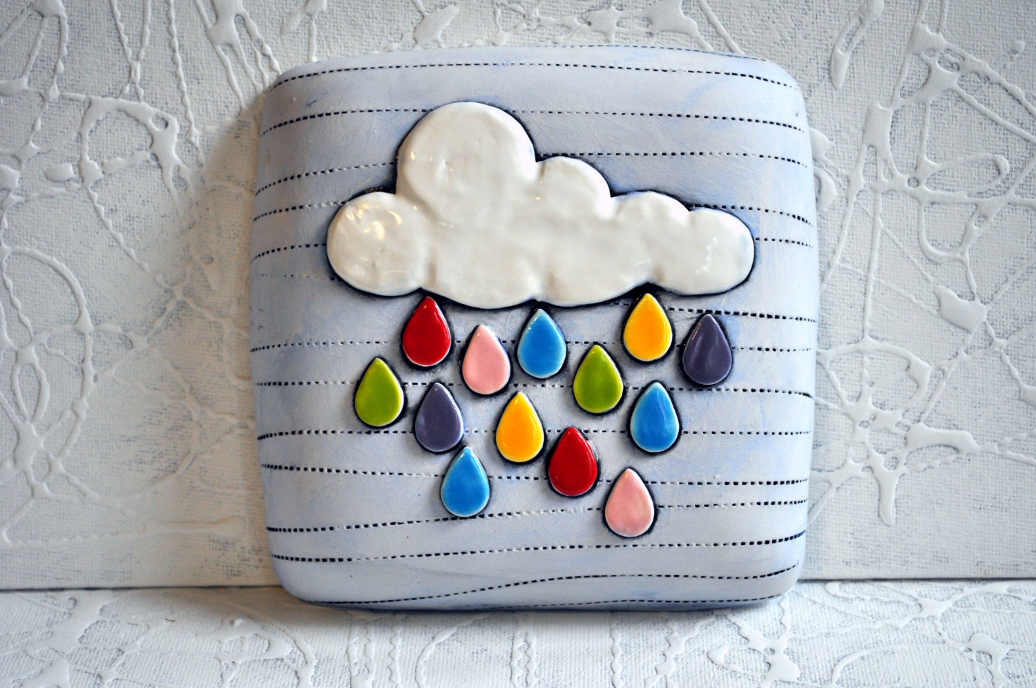 Raining Colors - White Cloud and Raindrops in Bright Colors- Decorative wall pillow/ wall hanging