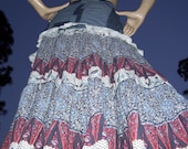 Batik Festival Skirt Upcycled Blues Patchwork Fitted Top Full Swingy Skirt Adult sz 16 18