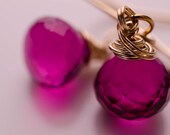 Hot Pink Quartz Briolette Gold Earrings