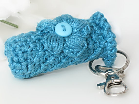 Lip Balm Crochet Teal Key Chain, Thick & Plush Key Holder with Crochet Teal, Turquoise Puff Flower