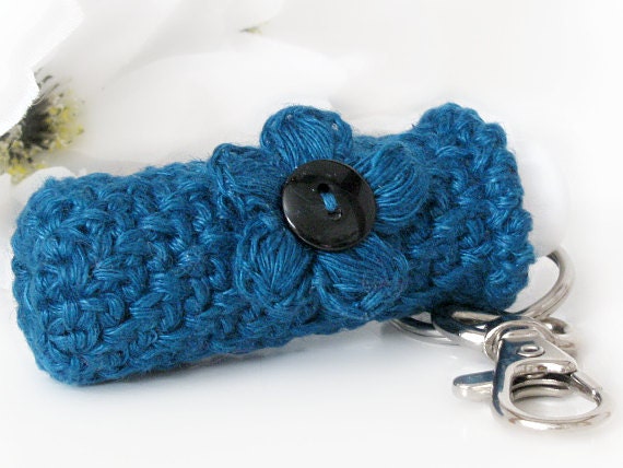 Lip Balm Holder Key Chain, Dark Teal Plush & Thick Key Fob Holder, with Matching Crochet Puff Flower