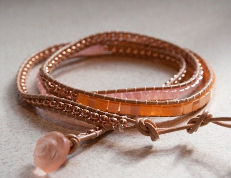 4x Wrap Bracelet Boho Chan Luu Style Wrap Rose Gold Peach Pink Rose Button Bohemian