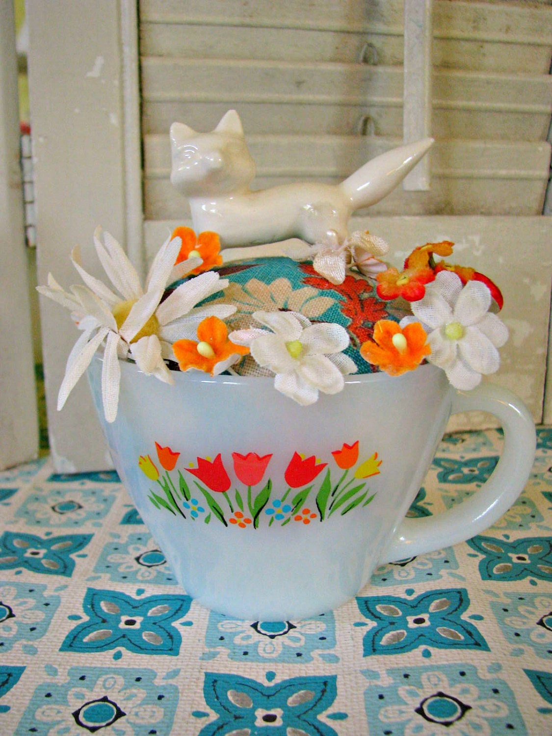 Vintage Fox on Milk Glass Cup Pin Cushion