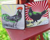 Chickens - Wood Coasters - Barnyard Chicken and Rooster Drink Coaster set of 4, Retro Home Decor Coasters