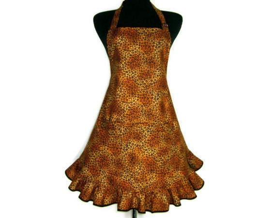 Sexy Leopard Print Apron , Full Retro Style Flounce Ruffle, Adjustable with Pocket