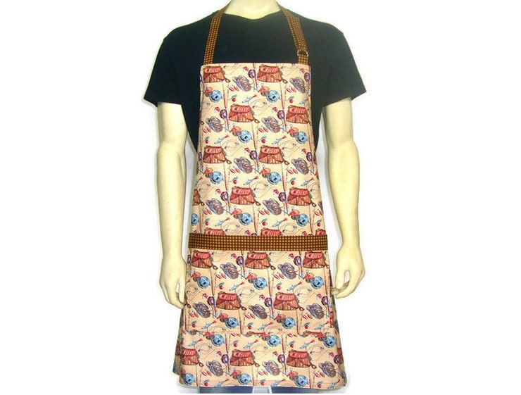 Kitchen Apron, Fly Fishing, Full Chef Style with Pocket and Brown Trim
