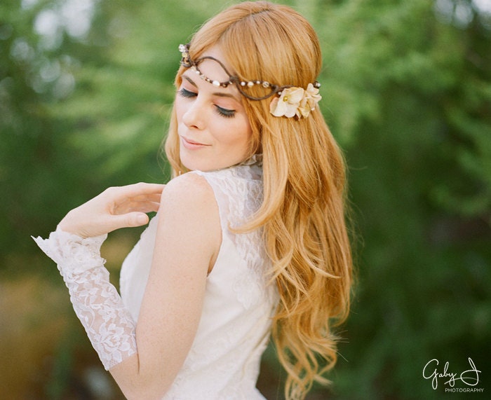 Bridal Headpiece with Cream Colored Velvet flowers, gold toned crystal beads and glass pearls with woven faux vine free shipping worldwide