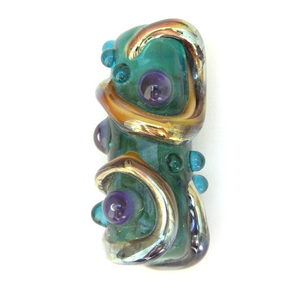 SALE: Free-Formed Focal in Greens and Purples with Metallic Accents - Handmade Lampwork Bead (1)