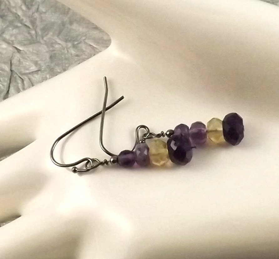 Amethyst and Citrine gunmetal french hook stacked gemstone rondelle earrings