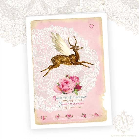 Deer, greeting card, pink roses, Love, Anniversary card, engagement card, birthday card, woodland, lace doily, shabby chic style