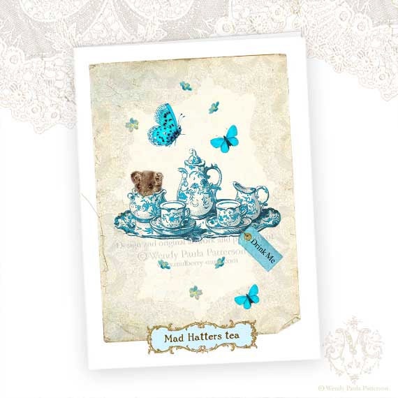 Alice in Wonderland, Greeting Card, Mad Hatter, Tea Party, Vintage Tea Set, High Tea, Mouse, Butterfly, Shabby Aged