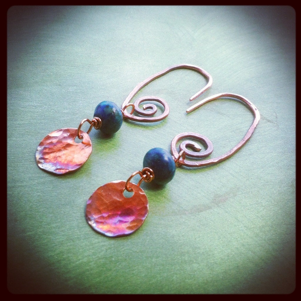 Azurite and Copper Spiral Earrings