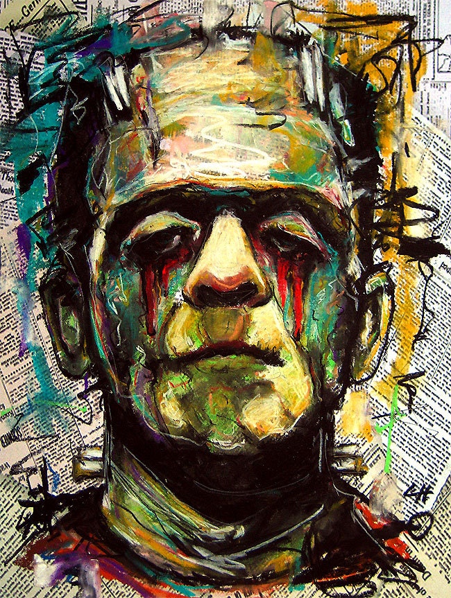 Print 8x10" - Sad Frankenstein - Portrait Dracula Classic Monster Horror Gothic Halloween Pop Lowbrow Coffee Vintage Dark Art