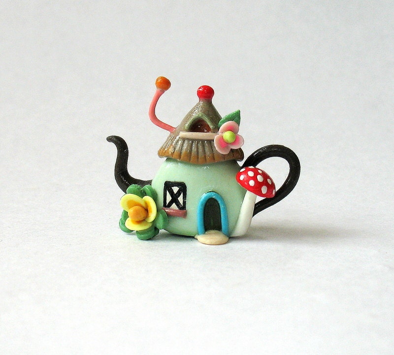 Miniature Whimsical Fairy House with Toadstool Teapot OOAK by C. Rohal