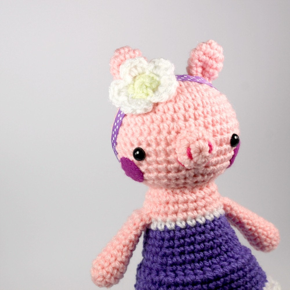 stuffed plush toy pig, amigurumi crochet doll, farm pig animal in purple .. little penny
