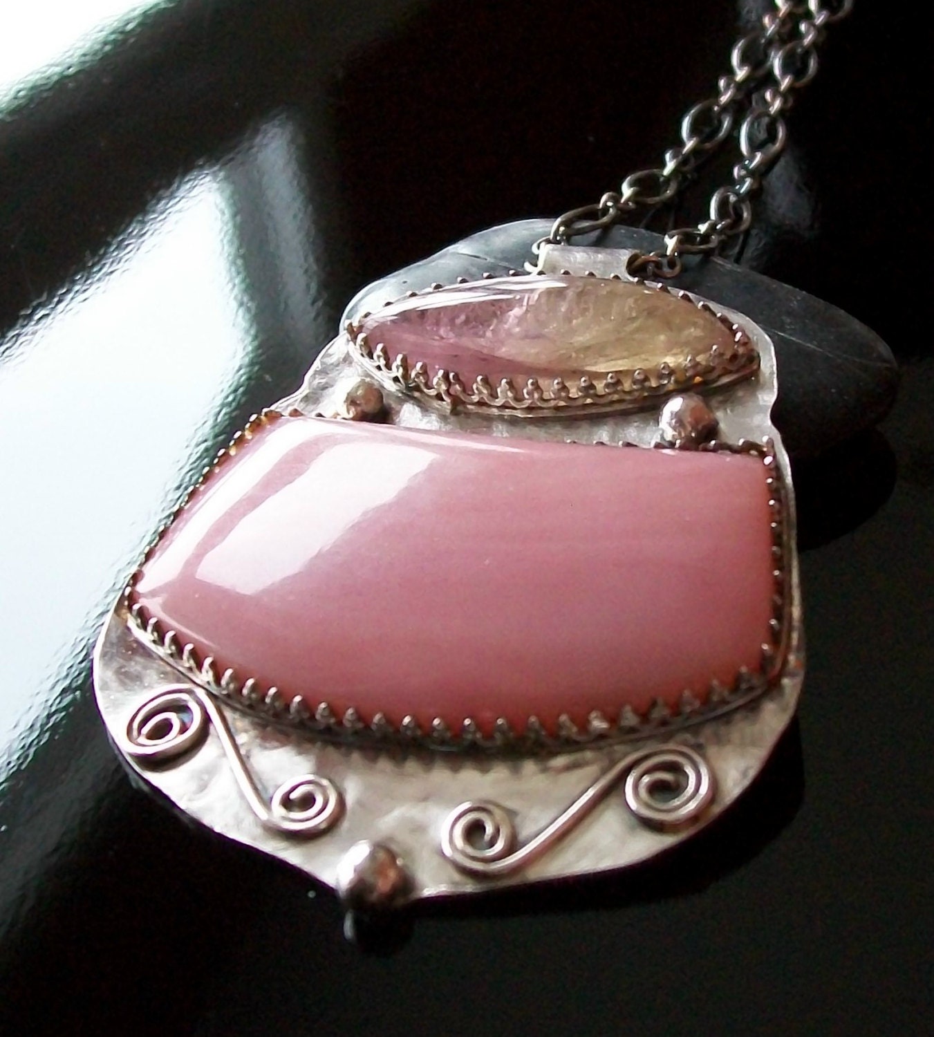 Pink Peruvian Opal and Bicolor Tourmaline Sterling Silver Shield Necklace