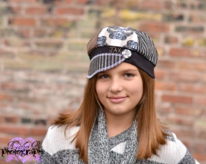 Jax Hats Black and white stripes with sugar skulls and polymer clay button