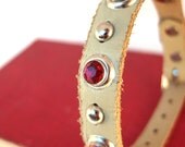 EcoFriendly Leather Dog Collar with Red Gems and Silver Balls on Khaki Tattered Edge Leather, Size XS/S, to fit a 8-10in Neck, OOAK