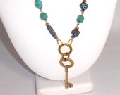 Gold Key and Turquoise Blue Long Necklace