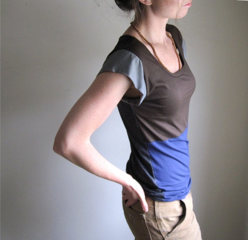 Navy and Dark Brown Color Block T Shirt Top / Women's Tee / Made to Order