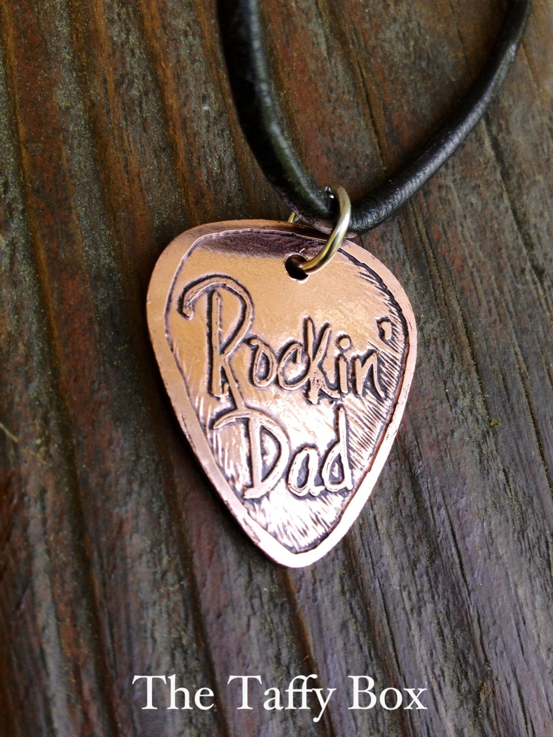 Rockin Dad Copper Etched Guitar Pick Necklace - sterling silver back