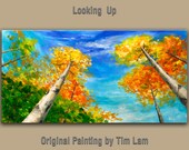 Abstract Landscape Painting Looking Up Forest Original huge modern acrylic on canvas by Tim Lam 48x24x1.3