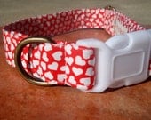 Love Is - Organic Cotton Dog Collar LARGE Red Hearts White Buckle - All Antique Brass Hardware