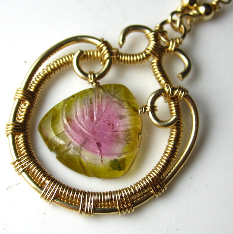 Carved Watermelon Tourmaline Necklace - 14k Gold Fill Wrapped