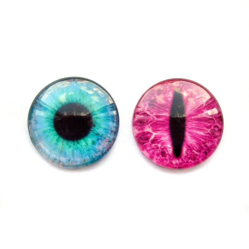 2 Handmade Glass Eye Cabochons, Blue and Pink, 25mm, Oops Quality: Twice As Nice (Set 27)