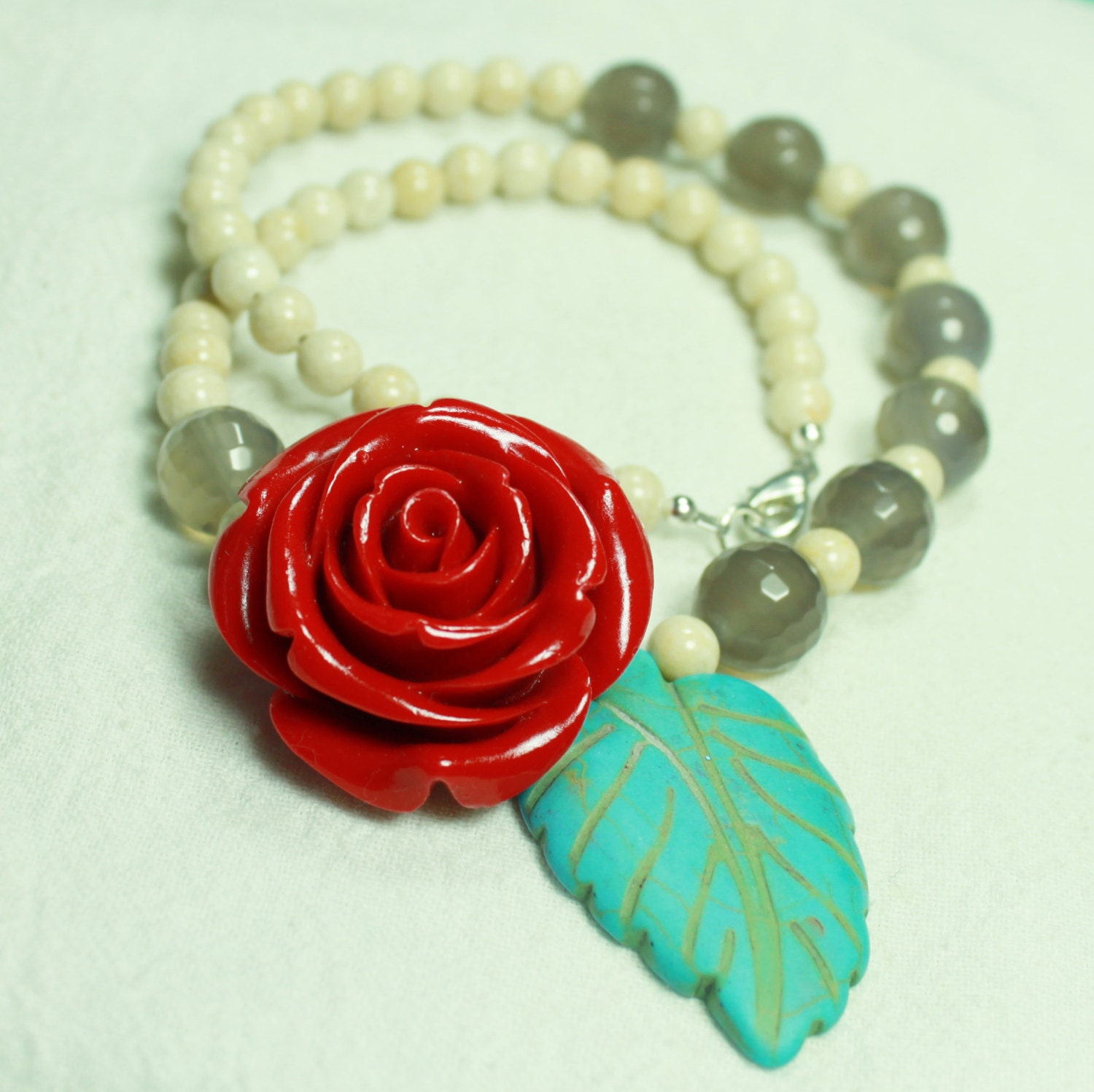 Red Rose, Turquoise Leaf, with Gray Agate and White Stone Necklace