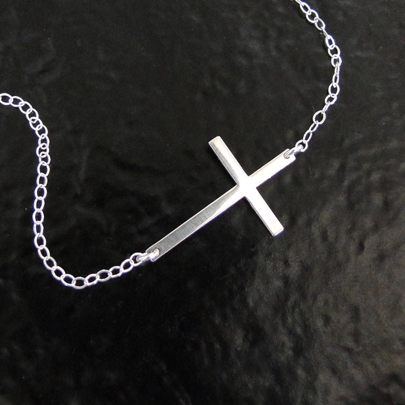 Kelly Ripa Sideways Cross Necklace in Sterling Silver, Hammered or Smooth, Small And Sleek