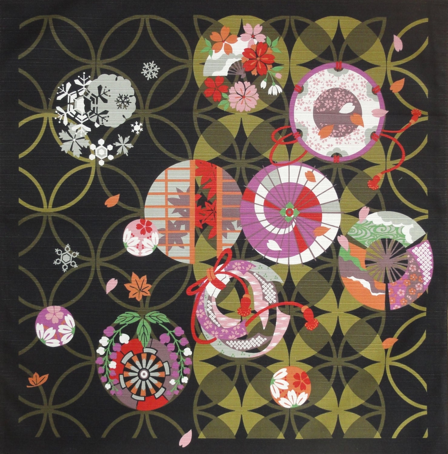Small Size Cotton 'Seven Treasures and the Seasons' Furoshiki Japanese Fabric w/Free Shipping