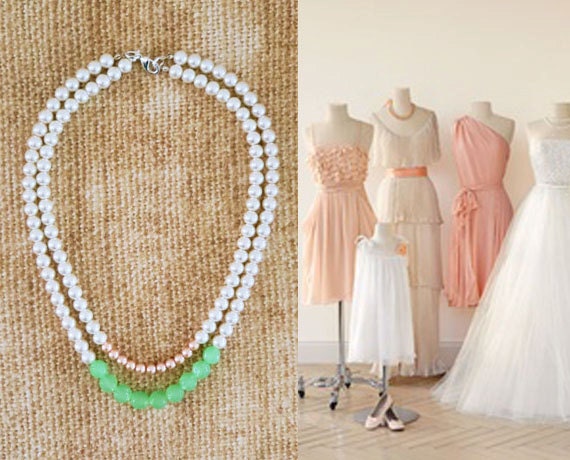 Bridesmaid Necklace Peach Green, Layered Wedding Pearl Necklace, Double Strands Pearl