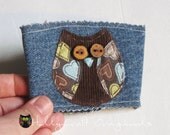 Eco Friendly Upcycled Denim Coffee Cup Cozy or Cuff  with Owl