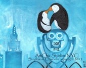 Two Penguins Kissing in New York City - 5 X 7 Matted Print - Mahattan Fog -  Wedding Gift - Penguin Love - Penguin Art